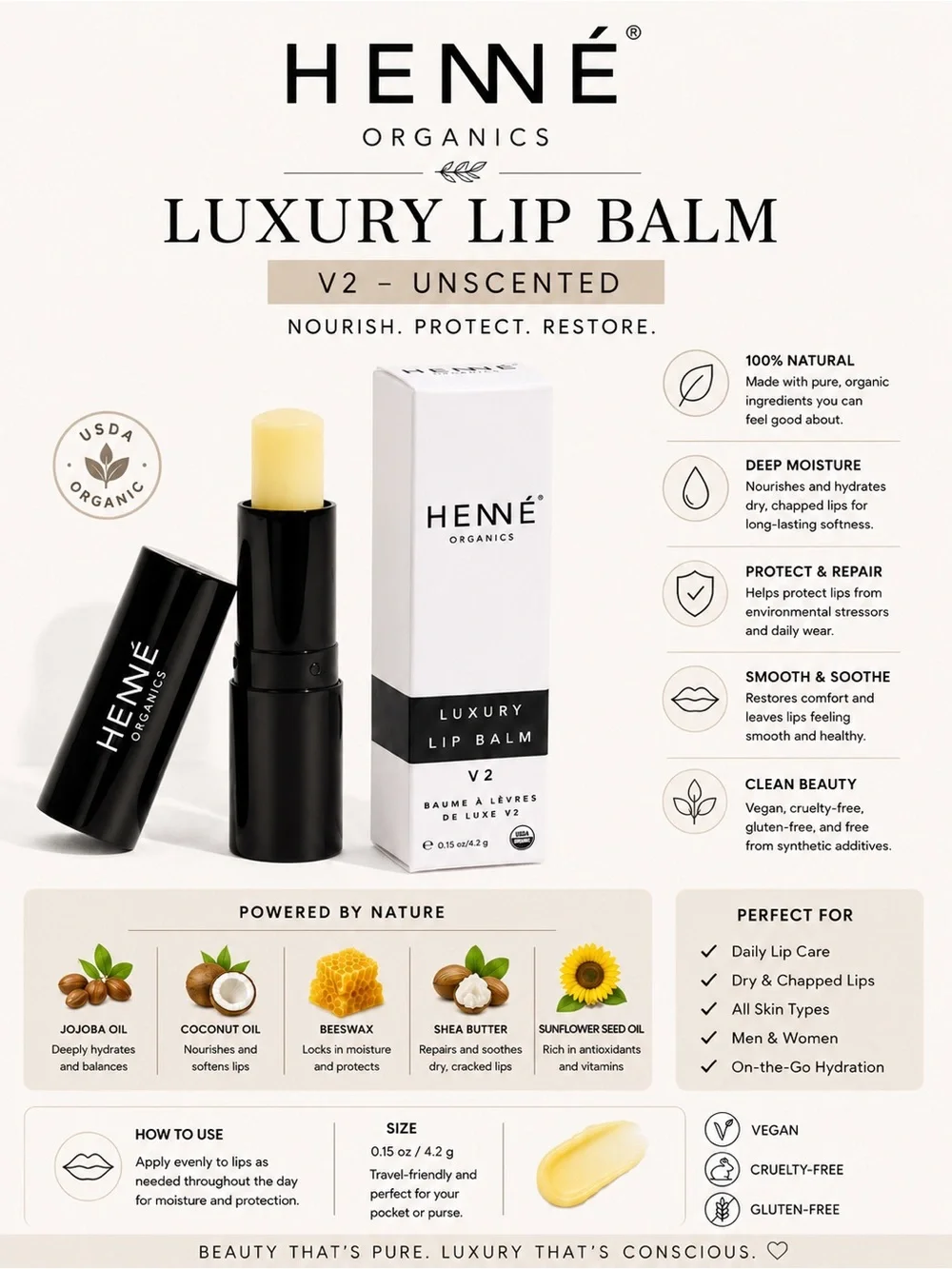 Henné Organics Luxury Lip Balm V2 USDA Organic New In Box